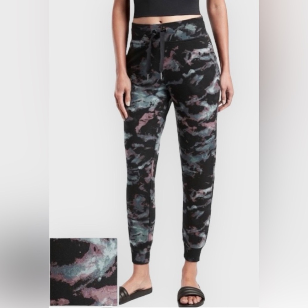 Athleta Black Tie-Dye tencel Joggers with Pink and Teal Accents